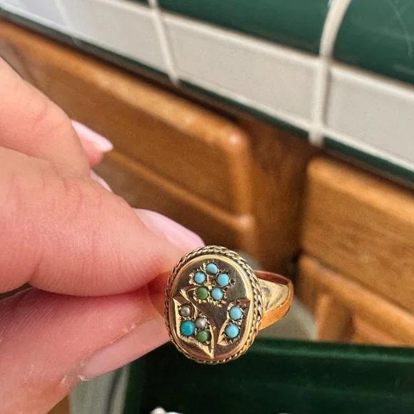 Antique 9k gold signet ring with seed pearls and turquoise flower - Picture 2 of 7